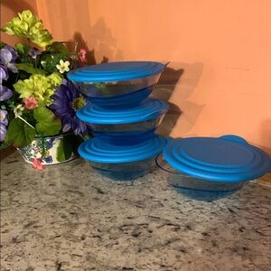 Set of  4 Tupperware new Glass Bowls with Blue Lids